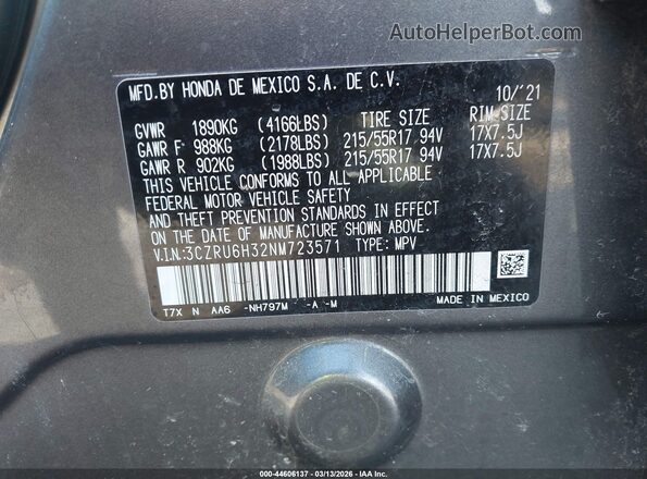 3CZRU6H32NM723571 2022 HONDA HR-V Gray Vista del compartimento del motor