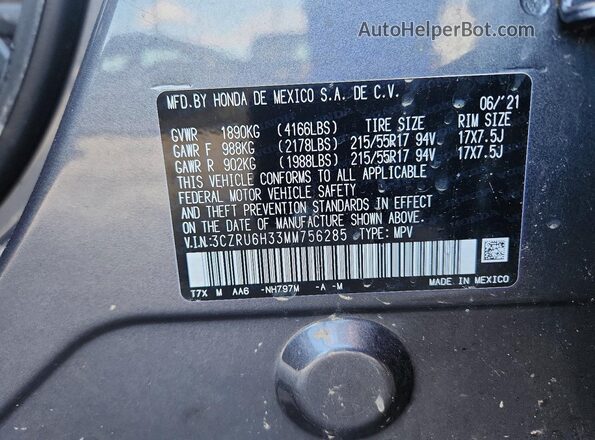 3CZRU6H33MM756285 2021 HONDA HR-V Gray Вид наклейки з VIN-кодом