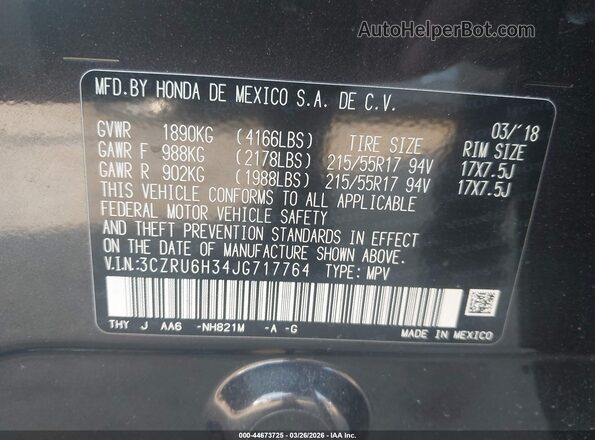 3CZRU6H34JG717764 2018 HONDA HR-V Gray 