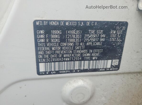 3CZRU6H34MM712554 2021 HONDA HR-V White Շարժիչի բաժամունքի տեսք
