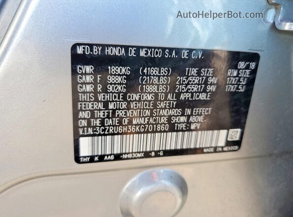 3CZRU6H36KG701860 2019 HONDA HR-V Silver 