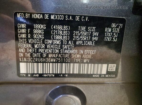 3CZRU6H36MM751100 2021 HONDA HR-V Gray VIN sticker view