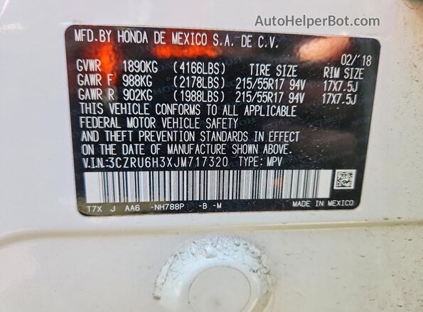 3CZRU6H3XJM717320 2018 HONDA HR-V White VIN კოდის სტიკერის ხედი
