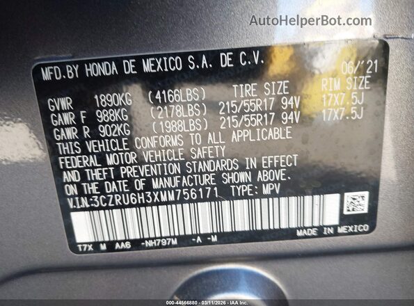 3CZRU6H3XMM756171 2021 HONDA HR-V Gray Vista del compartimento del motor