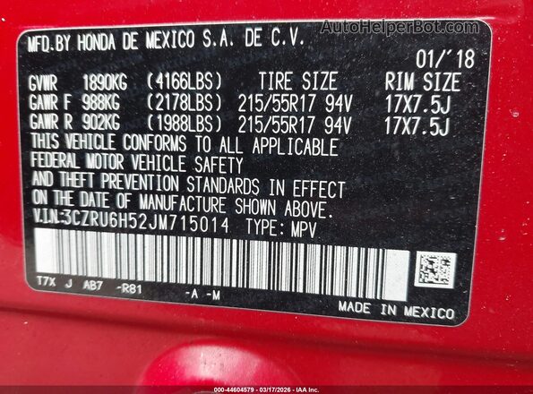 3CZRU6H52JM715014 2018 HONDA HR-V Красный Вид подкапотного пространства