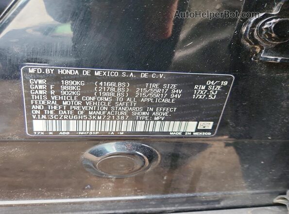 3CZRU6H53KM721387 2019 HONDA HR-V Black 