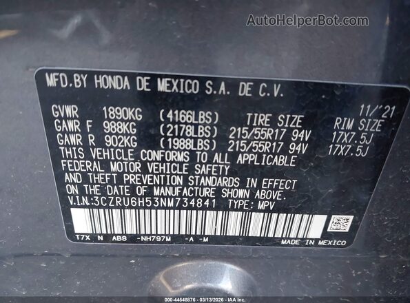 3CZRU6H53NM734841 2022 HONDA HR-V Gray Շարժիչի բաժամունքի տեսք