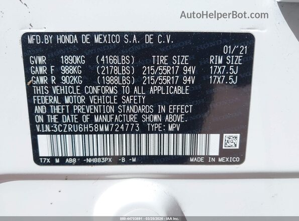 3CZRU6H58MM724773 2021 HONDA HR-V White Widok komory silnika