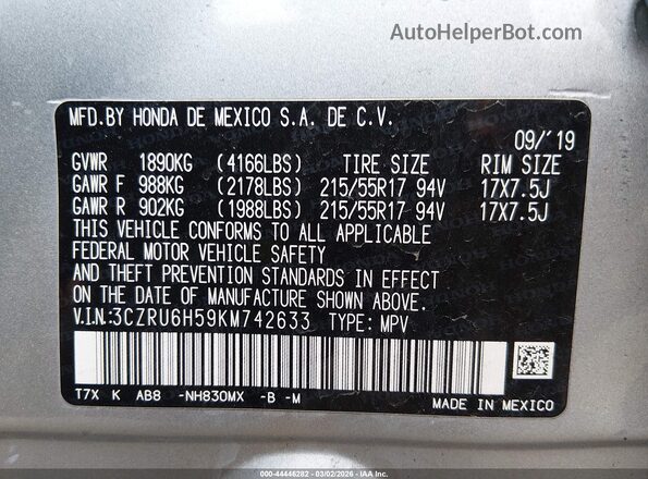 3CZRU6H59KM742633 2019 HONDA HR-V Silver 