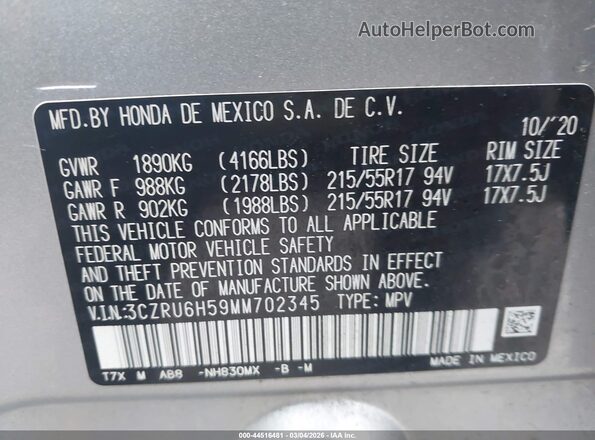 3CZRU6H59MM702345 2021 HONDA HR-V Silver Շարժիչի բաժամունքի տեսք