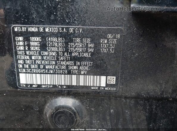 3CZRU6H5XJM730828 2018 HONDA HR-V Black 