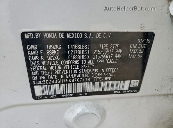 3CZRU6H75KM707718 2019 HONDA HR-V White 