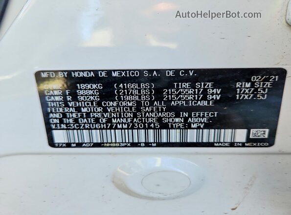 3CZRU6H77MM730145 2021 HONDA HR-V White VIN կոդի պիտակի տեսք