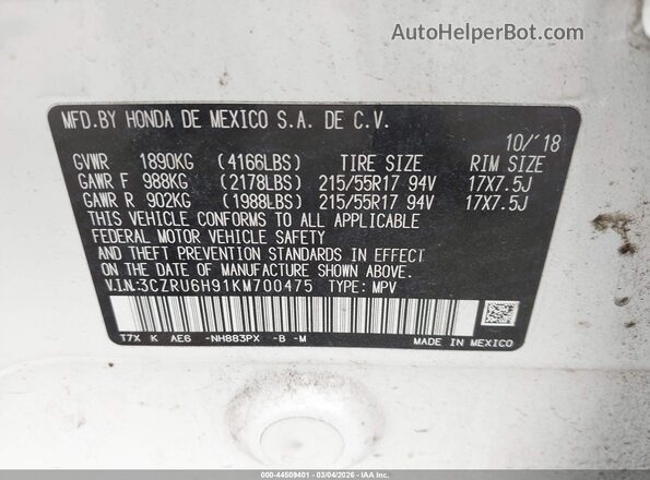 3CZRU6H91KM700475 2019 HONDA HR-V White 