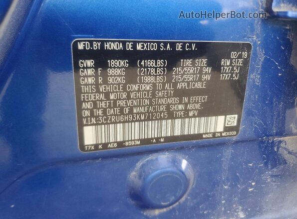 3CZRU6H93KM712045 2019 HONDA HR-V Синий 