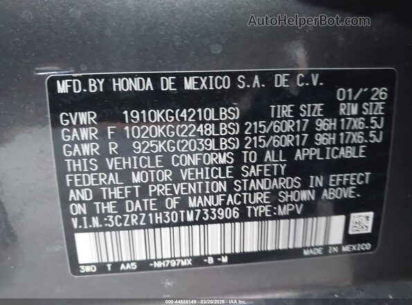 3CZRZ1H30TM733906 2026 HONDA HR-V Gray Вид підкапотного простору