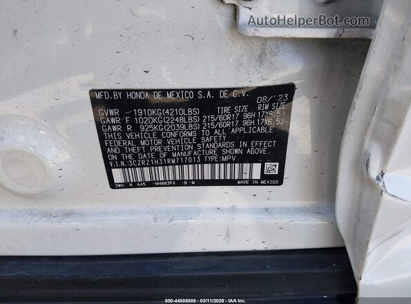 3CZRZ1H31RM717013 2024 HONDA HR-V White Widok komory silnika