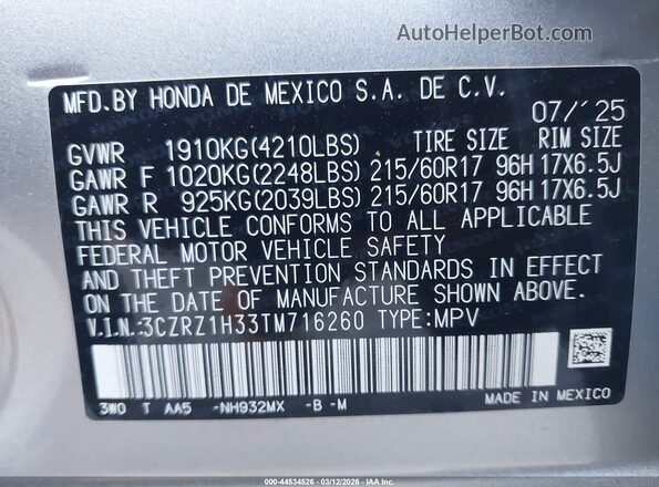 3CZRZ1H33TM716260 2026 HONDA HR-V Silver Widok komory silnika