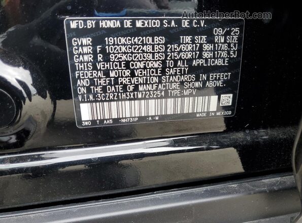 3CZRZ1H3XTM723254 2026 HONDA HR-V Black VIN կոդի պիտակի տեսք
