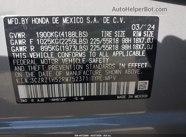 3CZRZ1H52RM752371 2024 HONDA HR-V Gray Շարժիչի բաժամունքի տեսք