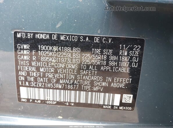 3CZRZ1H53PM718677 2023 HONDA HR-V Blue Вид підкапотного простору