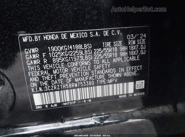 3CZRZ1H58RM753380 2024 HONDA HR-V Black ძრავის განყოფილების ხედი