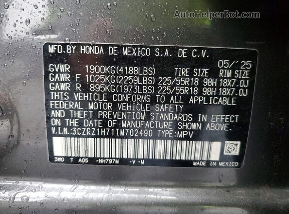 3CZRZ1H71TM702490 2026 HONDA HR-V Gray Vista interior de 360 grados