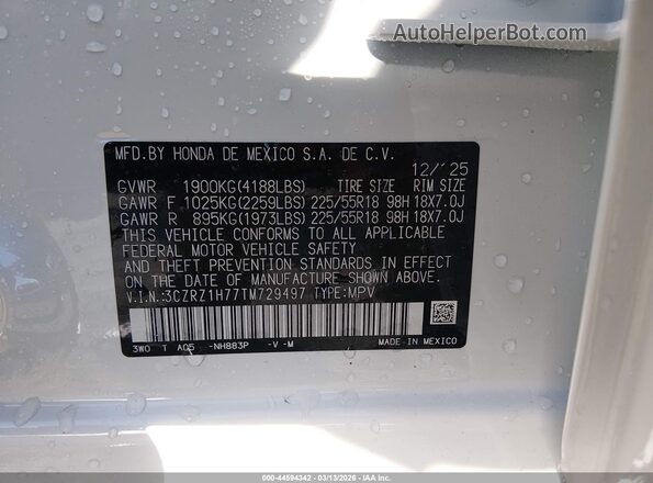 3CZRZ1H77TM729497 2026 HONDA HR-V White 