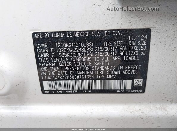 3CZRZ2H30SM761354 2025 HONDA HR-V White 