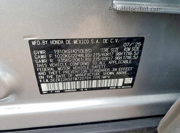 3CZRZ2H32TM722704 2026 HONDA HR-V Silver Вид наклейки з VIN-кодом