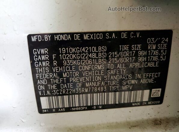 3CZRZ2H35RM778483 2024 HONDA HR-V White Вид підкапотного простору