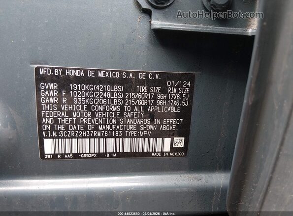 3CZRZ2H37RM761183 2024 HONDA HR-V Light Blue ძრავის განყოფილების ხედი
