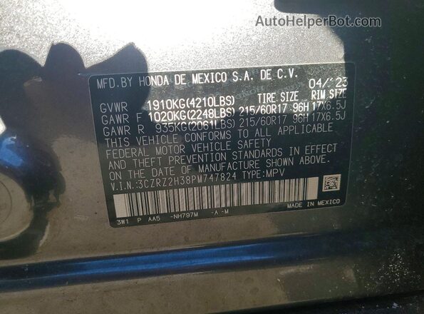 3CZRZ2H38PM747824 2023 HONDA HR-V Gray Вид наклейки з VIN-кодом