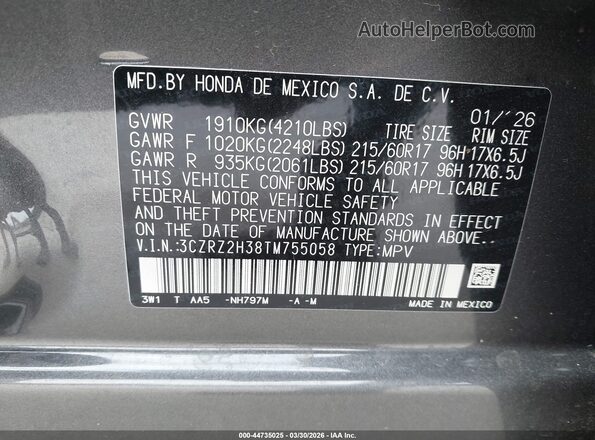 3CZRZ2H38TM755058 2026 HONDA HR-V Black Engine compartment view