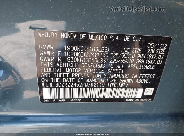 3CZRZ2H52PM702119 2023 HONDA HR-V Green Widok komory silnika
