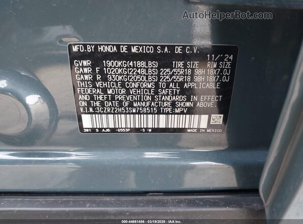 3CZRZ2H53SM758515 2025 HONDA HR-V Бирюзовый Вид подкапотного пространства
