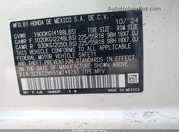 3CZRZ2H55SM748293 2025 HONDA HR-V White 