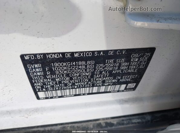 3CZRZ2H56TM737353 2026 HONDA HR-V Белый Вид подкапотного пространства