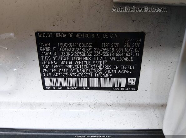 3CZRZ2H57RM769771 2024 HONDA HR-V White Вид підкапотного простору