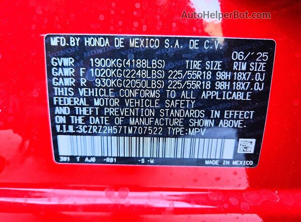 3CZRZ2H57TM707522 2026 HONDA HR-V Red Панорамний вид салону 360°