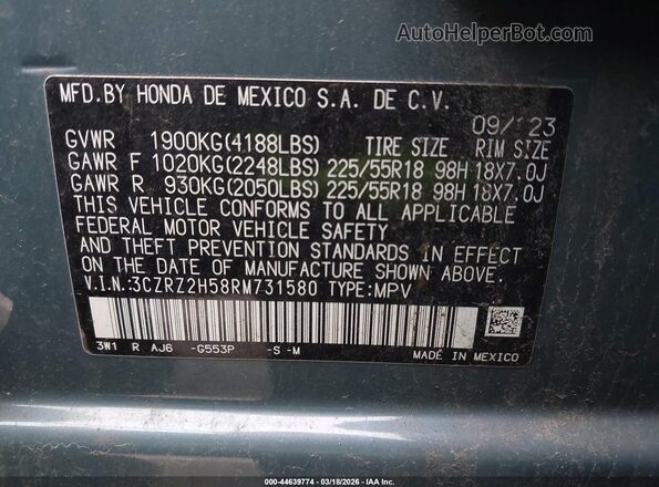 3CZRZ2H58RM731580 2024 HONDA HR-V Teal Vista del compartimento del motor