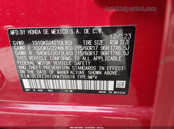 3CZRZ2H72RM755018 2024 HONDA HR-V Red Вид підкапотного простору