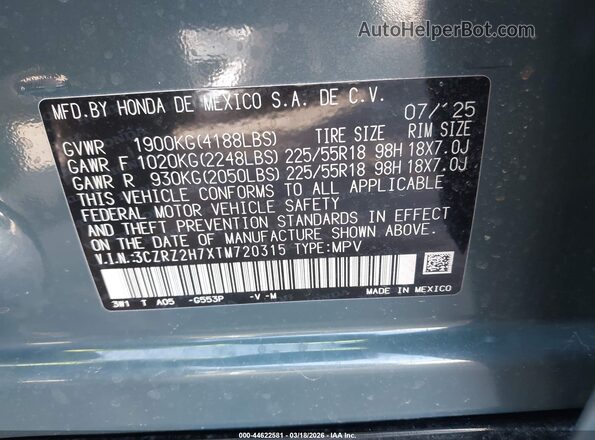 3CZRZ2H7XTM720315 2026 HONDA HR-V Blue Вид підкапотного простору
