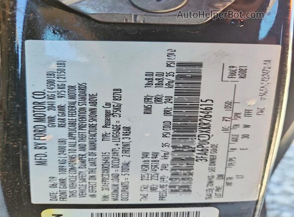 3FA6P0CDXKR264615 2019 FORD FUSION Черный 