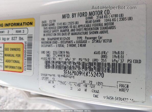 3FA6P0D90LR152420 2020 FORD FUSION White Vista del compartimento del motor