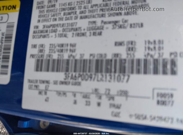 3FA6P0D97LR131077 2020 FORD FUSION Blue 