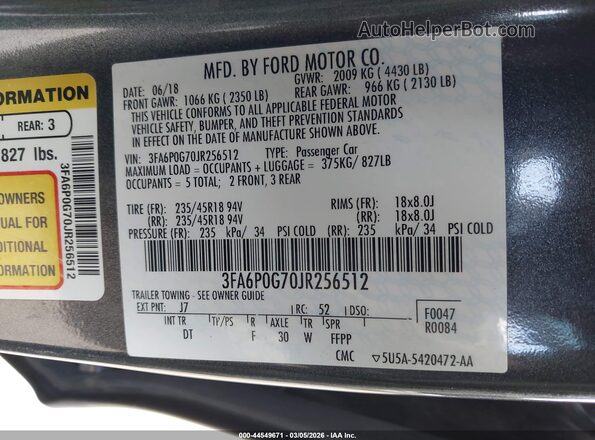 3FA6P0G70JR256512 2018 FORD FUSION Gray 