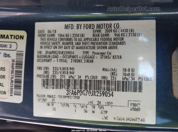 3FA6P0G70JR259054 2018 FORD FUSION Light Blue Widok komory silnika