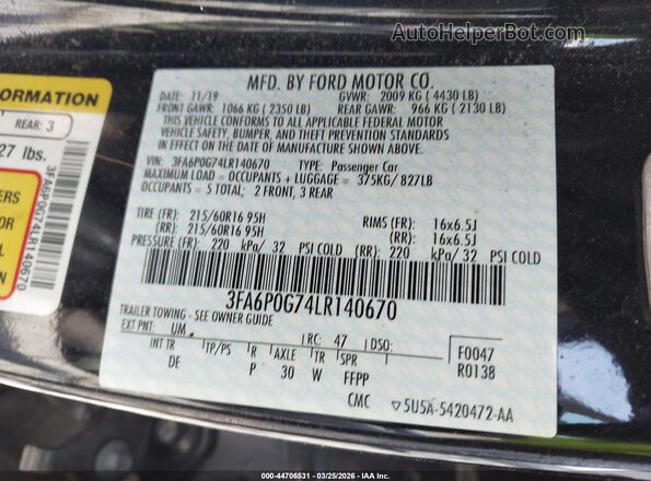 3FA6P0G74LR140670 2020 FORD FUSION Black Շարժիչի բաժամունքի տեսք