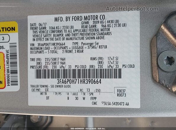 3FA6P0H71HR390664 2017 FORD FUSION Gray Շարժիչի բաժամունքի տեսք